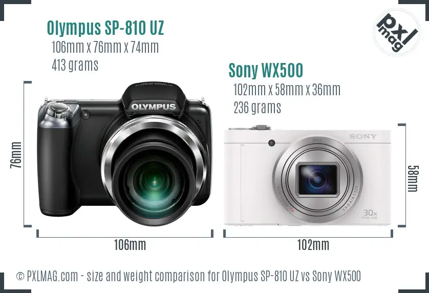 Olympus SP-810 UZ vs Sony WX500 size comparison