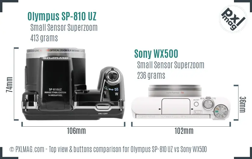 Olympus SP-810 UZ vs Sony WX500 top view buttons comparison