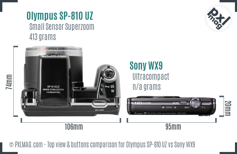 Olympus SP-810 UZ vs Sony WX9 top view buttons comparison