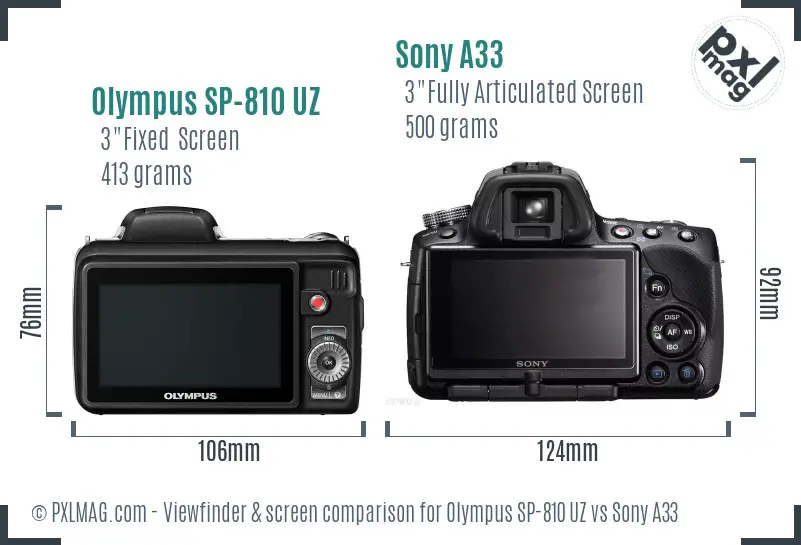 Olympus SP-810 UZ vs Sony A33 Screen and Viewfinder comparison