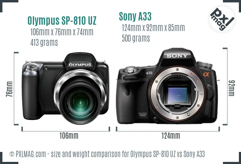 Olympus SP-810 UZ vs Sony A33 size comparison Olympus SP-810 UZ vs Sony A33 size comparison