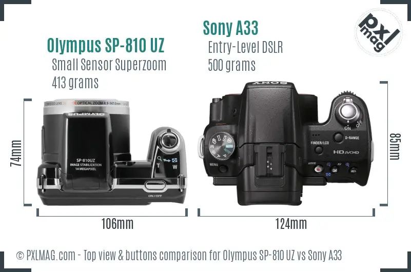 Olympus SP-810 UZ vs Sony A33 top view buttons comparison