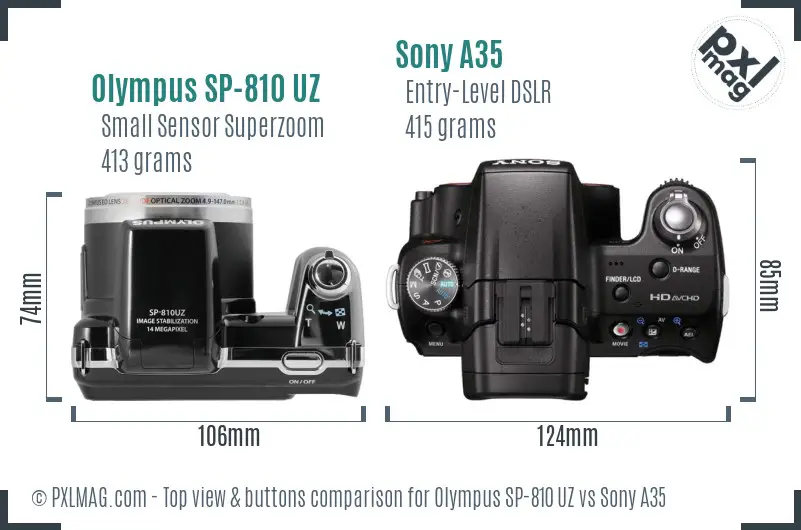 Olympus SP-810 UZ vs Sony A35 top view buttons comparison
