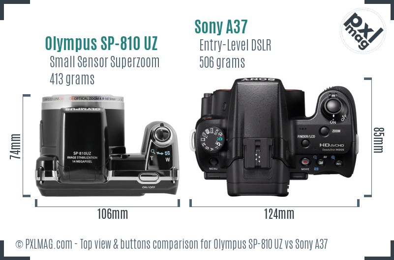 Olympus SP-810 UZ vs Sony A37 top view buttons comparison