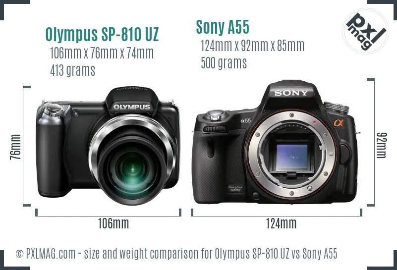 Olympus SP-810 UZ vs Sony A55 size comparison