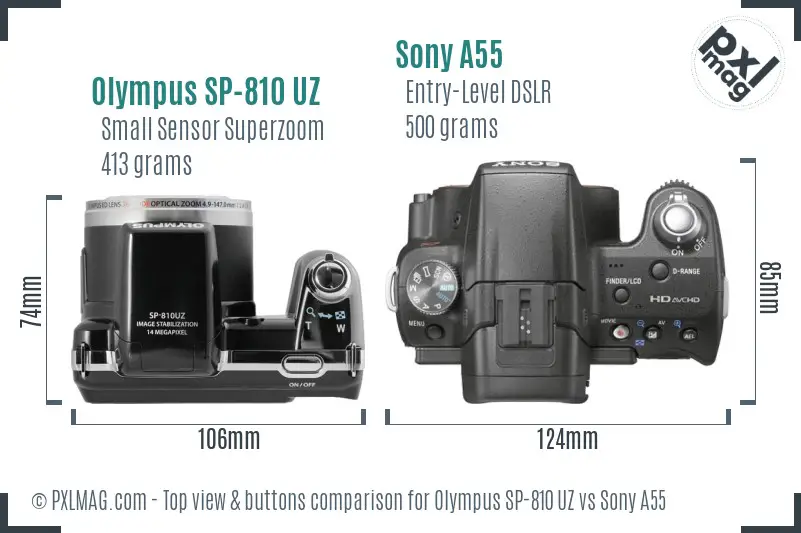 Olympus SP-810 UZ vs Sony A55 top view buttons comparison