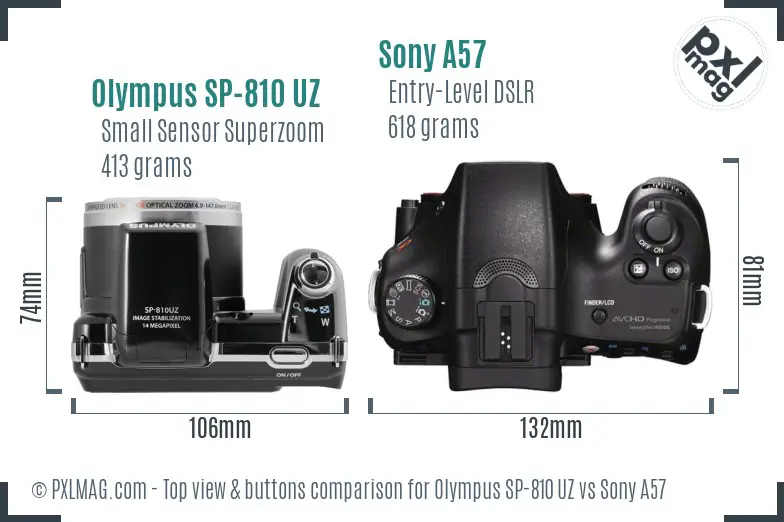 Olympus SP-810 UZ vs Sony A57 top view buttons comparison