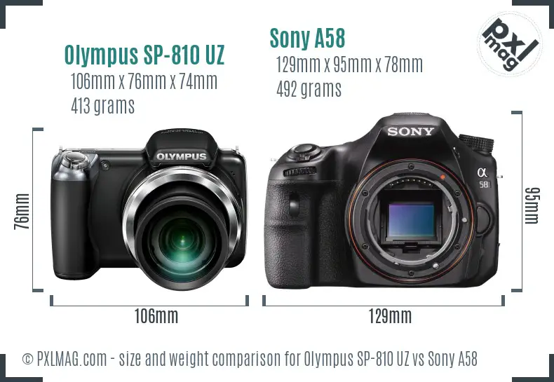 Olympus SP-810 UZ vs Sony A58 size comparison