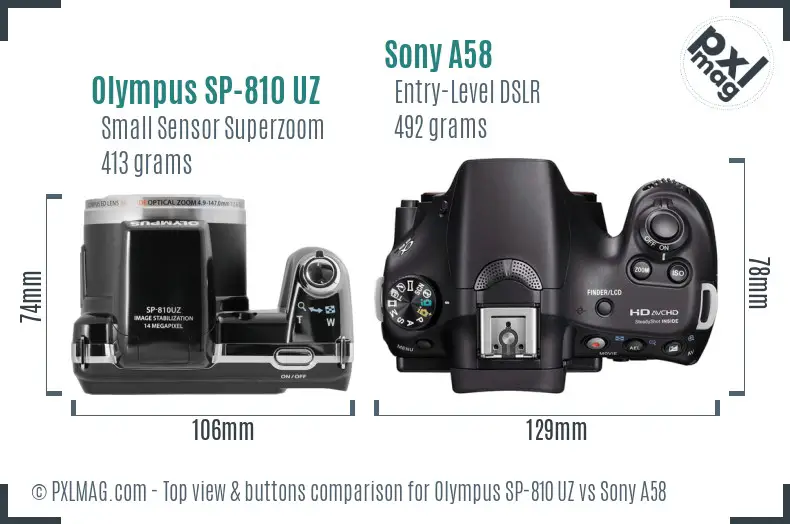 Olympus SP-810 UZ vs Sony A58 top view buttons comparison