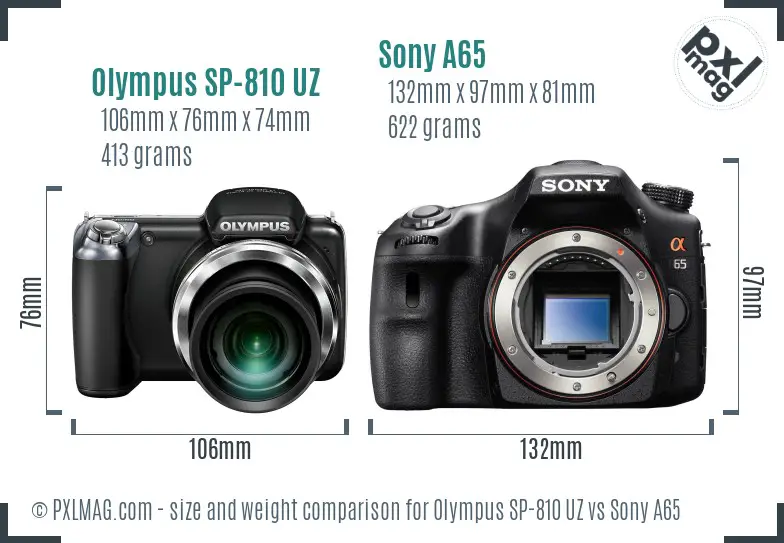 Olympus SP-810 UZ vs Sony A65 size comparison