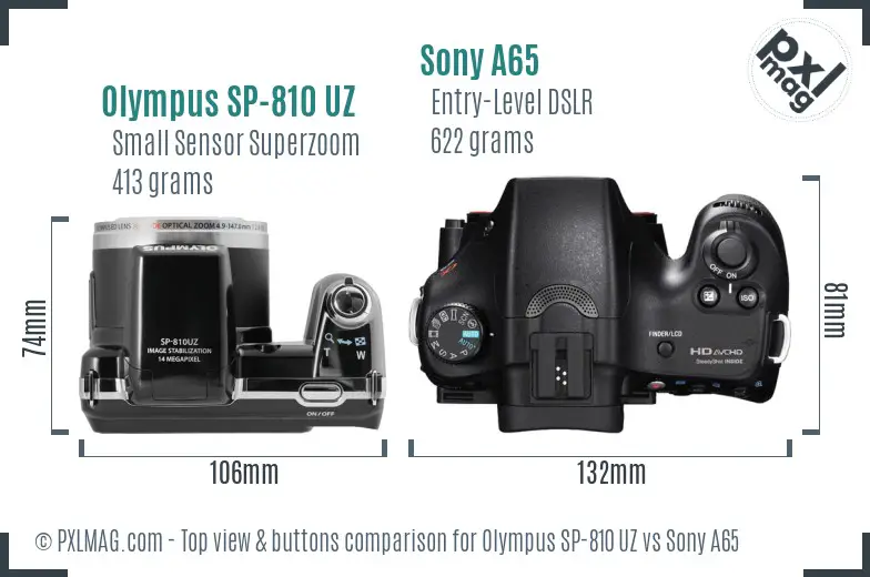 Olympus SP-810 UZ vs Sony A65 top view buttons comparison