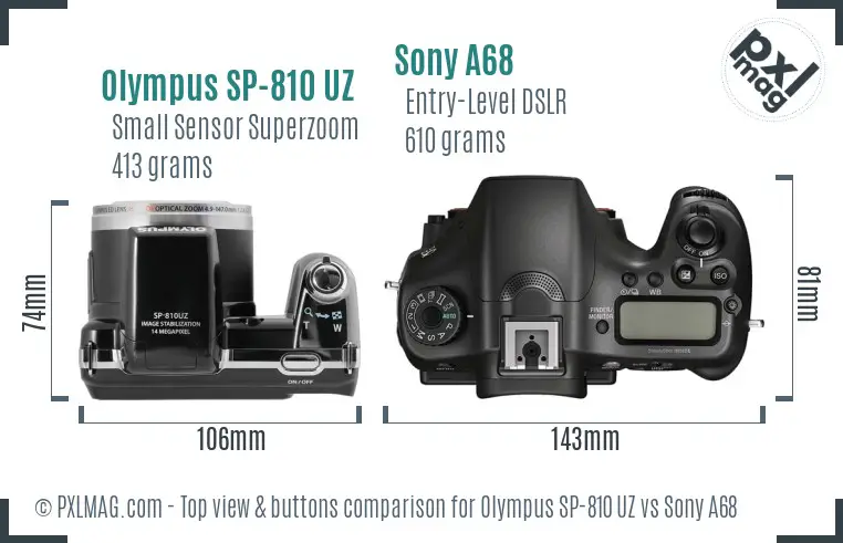 Olympus SP-810 UZ vs Sony A68 top view buttons comparison