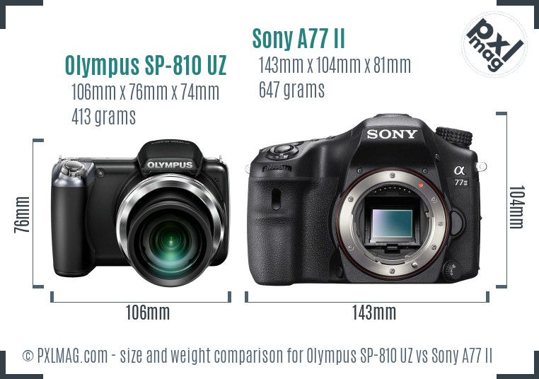 Olympus SP-810 UZ vs Sony A77 II size comparison