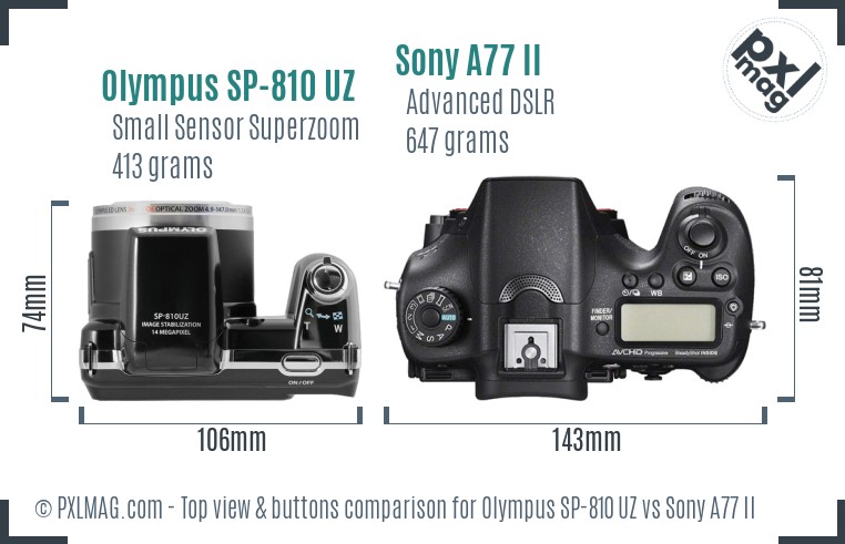 Olympus SP-810 UZ vs Sony A77 II top view buttons comparison