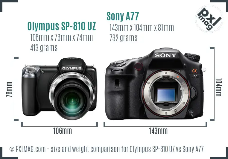 Olympus SP-810 UZ vs Sony A77 size comparison