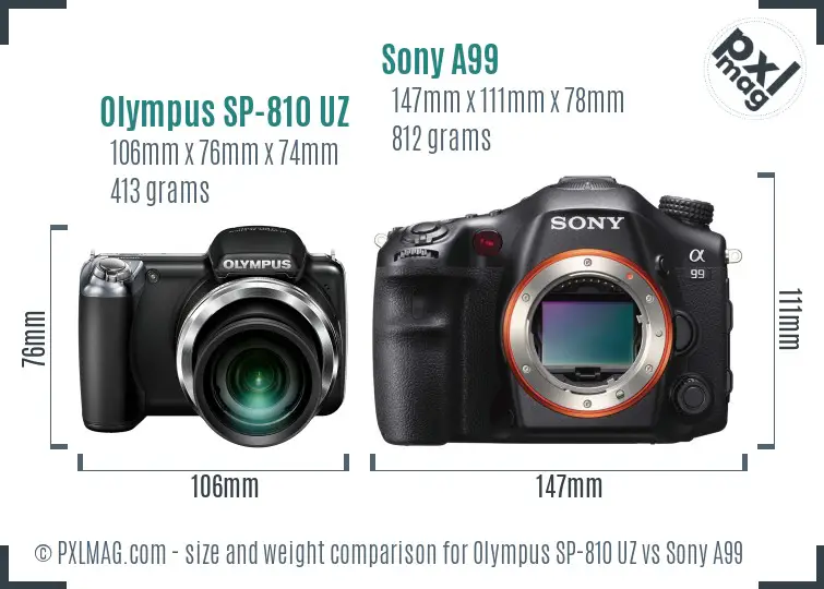 Olympus SP-810 UZ vs Sony A99 size comparison