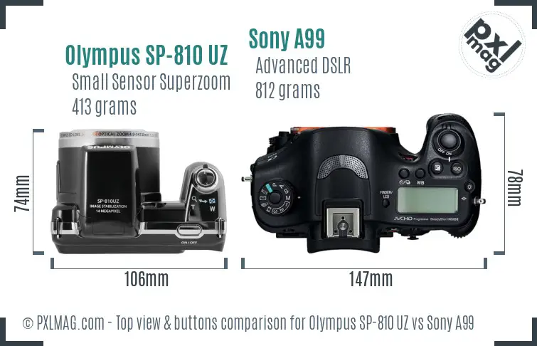 Olympus SP-810 UZ vs Sony A99 top view buttons comparison