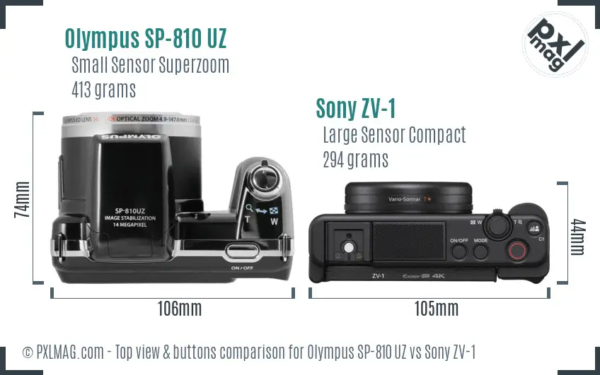 Olympus SP-810 UZ vs Sony ZV-1 top view buttons comparison Olympus SP-810 UZ vs Sony ZV-1 top view buttons comparison