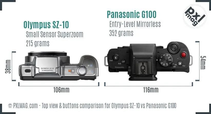 Olympus SZ-10 vs Panasonic G100 top view buttons comparison