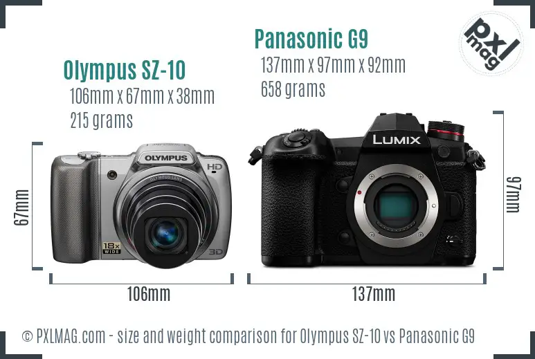 Olympus SZ-10 vs Panasonic G9 size comparison