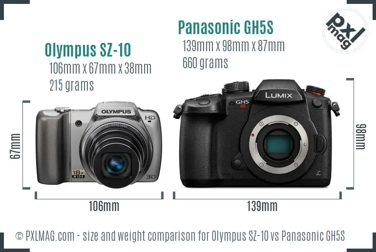 Olympus SZ-10 vs Panasonic GH5S size comparison