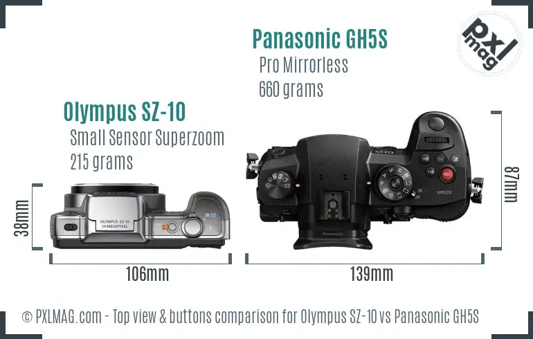 Olympus SZ-10 vs Panasonic GH5S top view buttons comparison