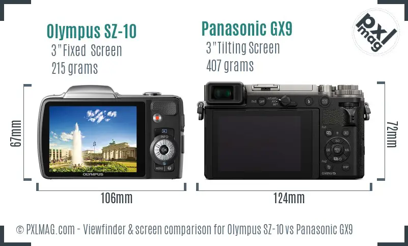 Olympus SZ-10 vs Panasonic GX9 Screen and Viewfinder comparison