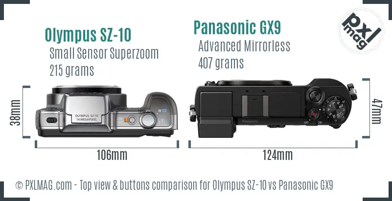 Olympus SZ-10 vs Panasonic GX9 top view buttons comparison
