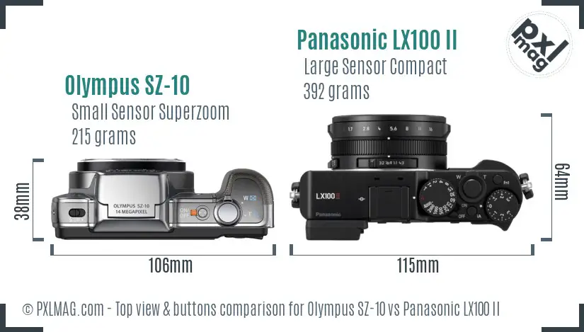 Olympus SZ-10 vs Panasonic LX100 II top view buttons comparison