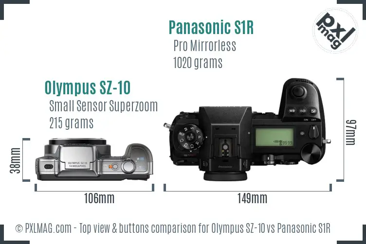 Olympus SZ-10 vs Panasonic S1R top view buttons comparison