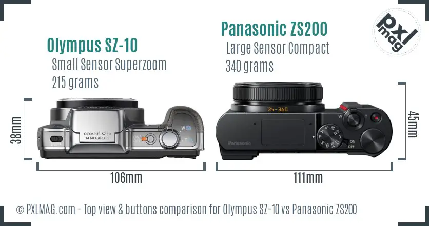 Olympus SZ-10 vs Panasonic ZS200 top view buttons comparison
