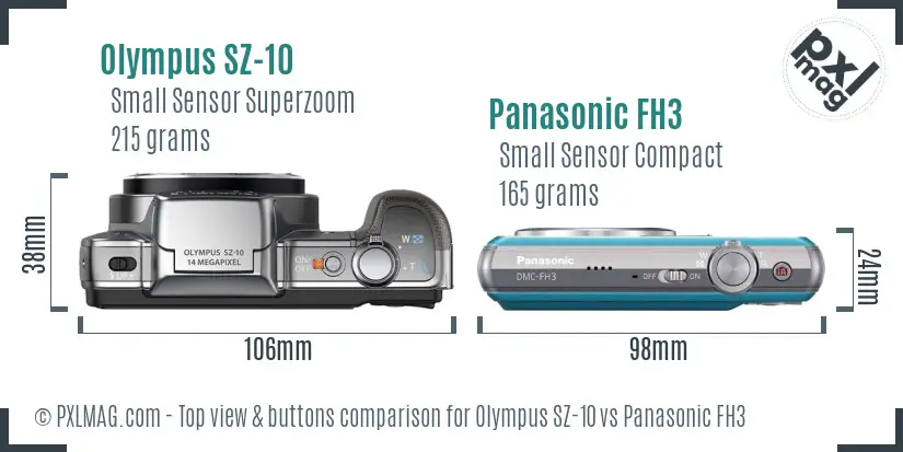 Olympus SZ-10 vs Panasonic FH3 top view buttons comparison