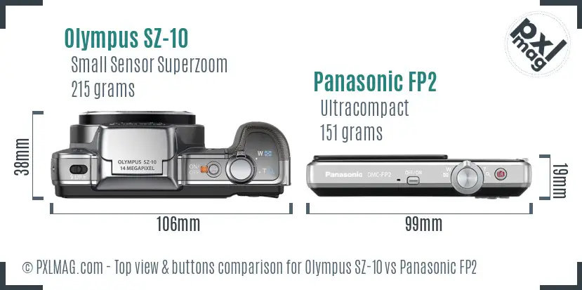 Olympus SZ-10 vs Panasonic FP2 top view buttons comparison