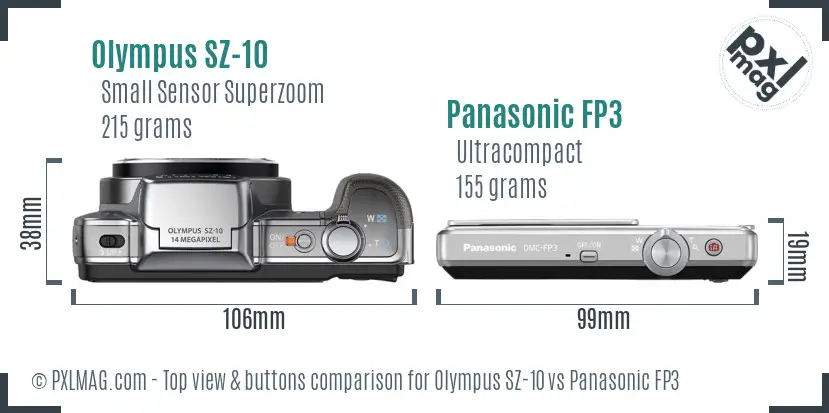 Olympus SZ-10 vs Panasonic FP3 top view buttons comparison