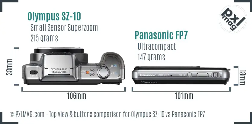 Olympus SZ-10 vs Panasonic FP7 top view buttons comparison