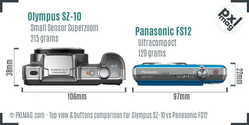 Olympus SZ-10 vs Panasonic FS12 top view buttons comparison