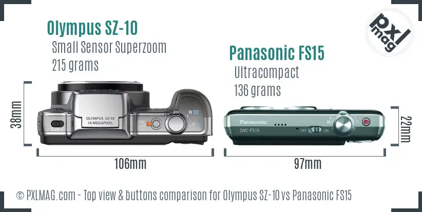 Olympus SZ-10 vs Panasonic FS15 top view buttons comparison