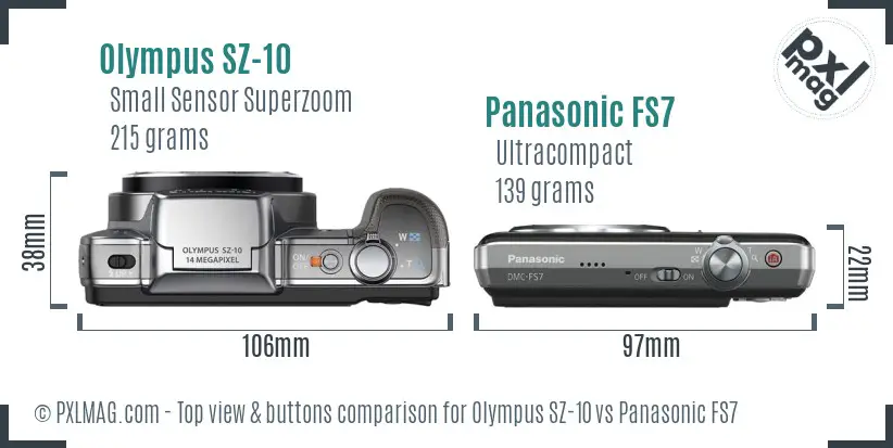 Olympus SZ-10 vs Panasonic FS7 top view buttons comparison Olympus SZ-10 vs Panasonic FS7 top view buttons comparison