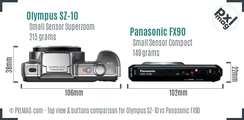 Olympus SZ-10 vs Panasonic FX90 top view buttons comparison