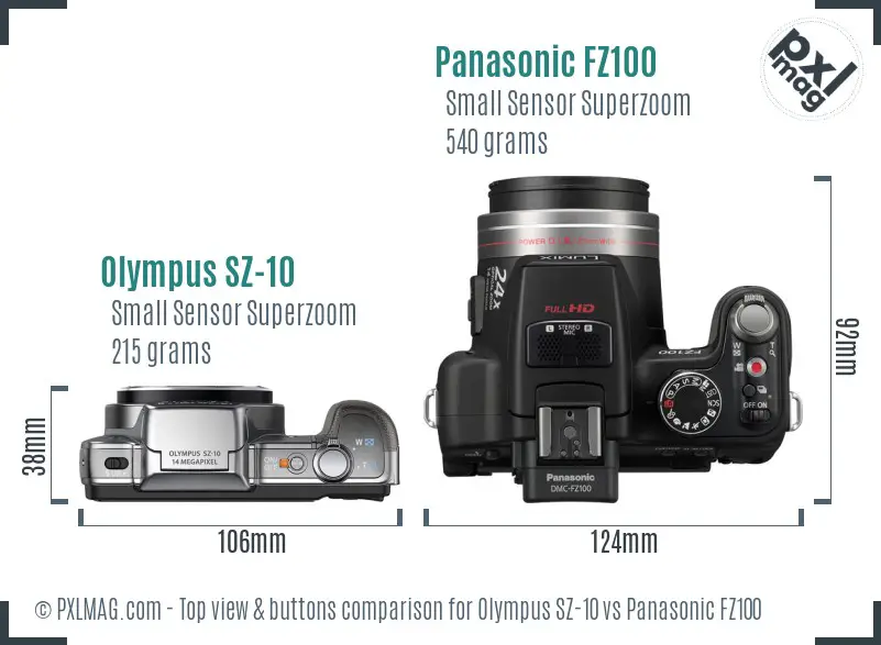 Olympus SZ-10 vs Panasonic FZ100 top view buttons comparison