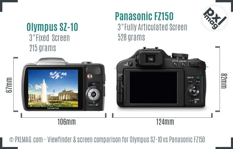 Olympus SZ-10 vs Panasonic FZ150 Screen and Viewfinder comparison