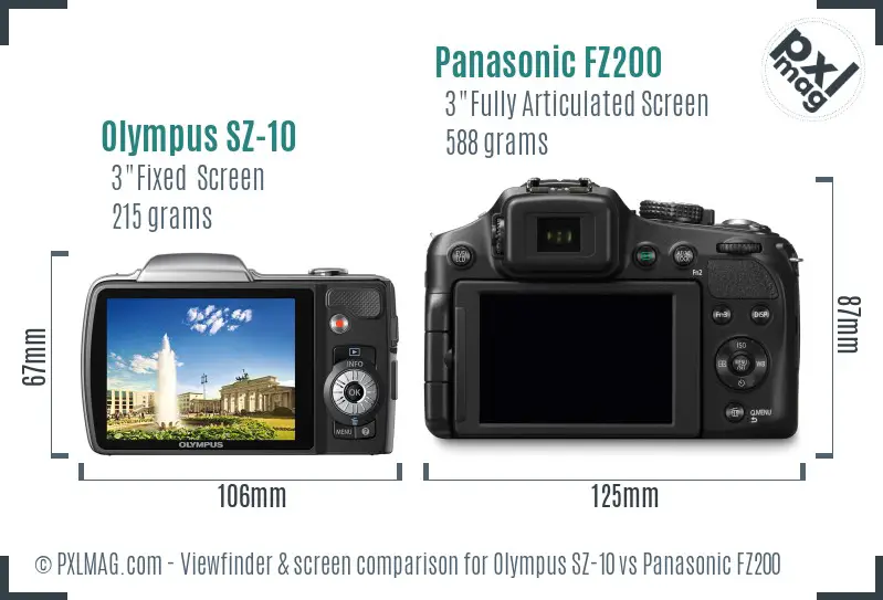 Olympus SZ-10 vs Panasonic FZ200 Screen and Viewfinder comparison