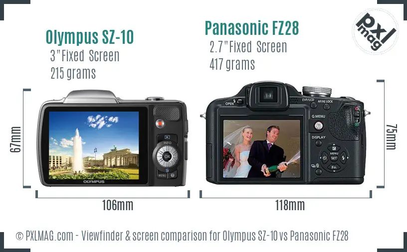 Olympus SZ-10 vs Panasonic FZ28 Screen and Viewfinder comparison