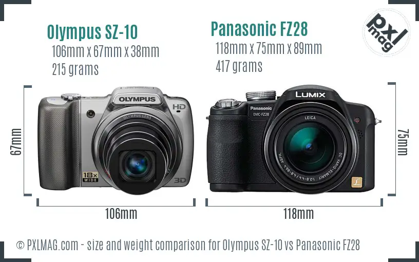 Olympus SZ-10 vs Panasonic FZ28 size comparison