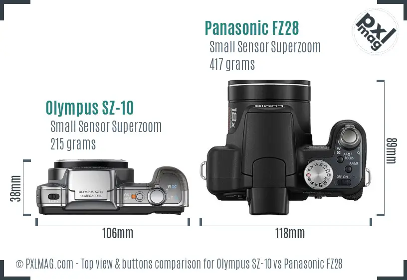 Olympus SZ-10 vs Panasonic FZ28 top view buttons comparison