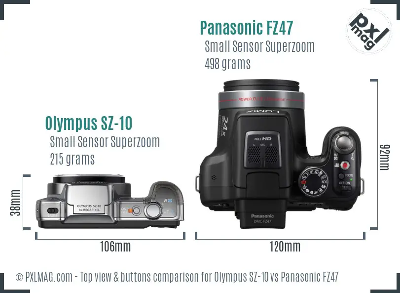 Olympus SZ-10 vs Panasonic FZ47 top view buttons comparison Olympus SZ-10 vs Panasonic FZ47 top view buttons comparison