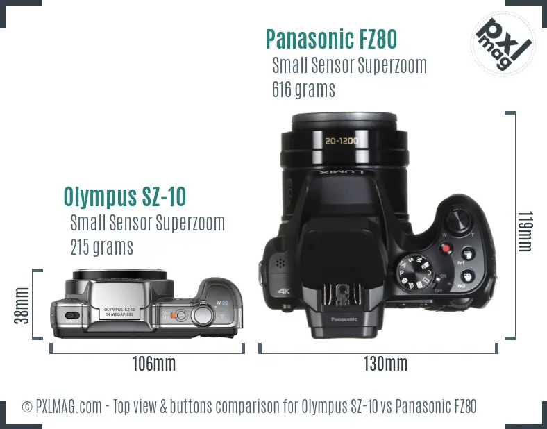 Olympus SZ-10 vs Panasonic FZ80 top view buttons comparison Olympus SZ-10 vs Panasonic FZ80 top view buttons comparison