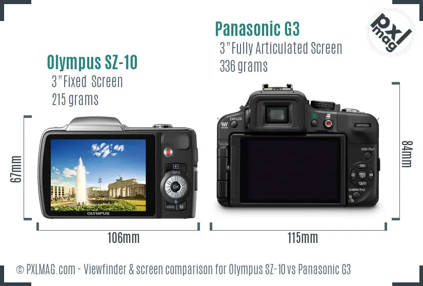 Olympus SZ-10 vs Panasonic G3 Screen and Viewfinder comparison