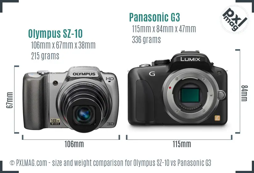 Olympus SZ-10 vs Panasonic G3 size comparison