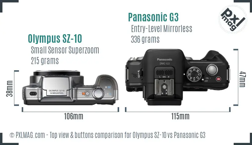 Olympus SZ-10 vs Panasonic G3 top view buttons comparison